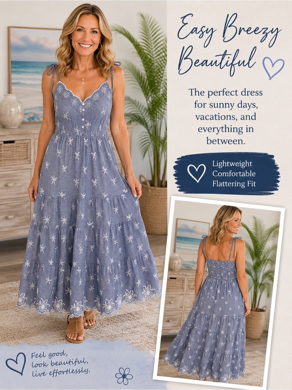 Dress Barn Midi Dress Size M Blue White Striped Embroidered